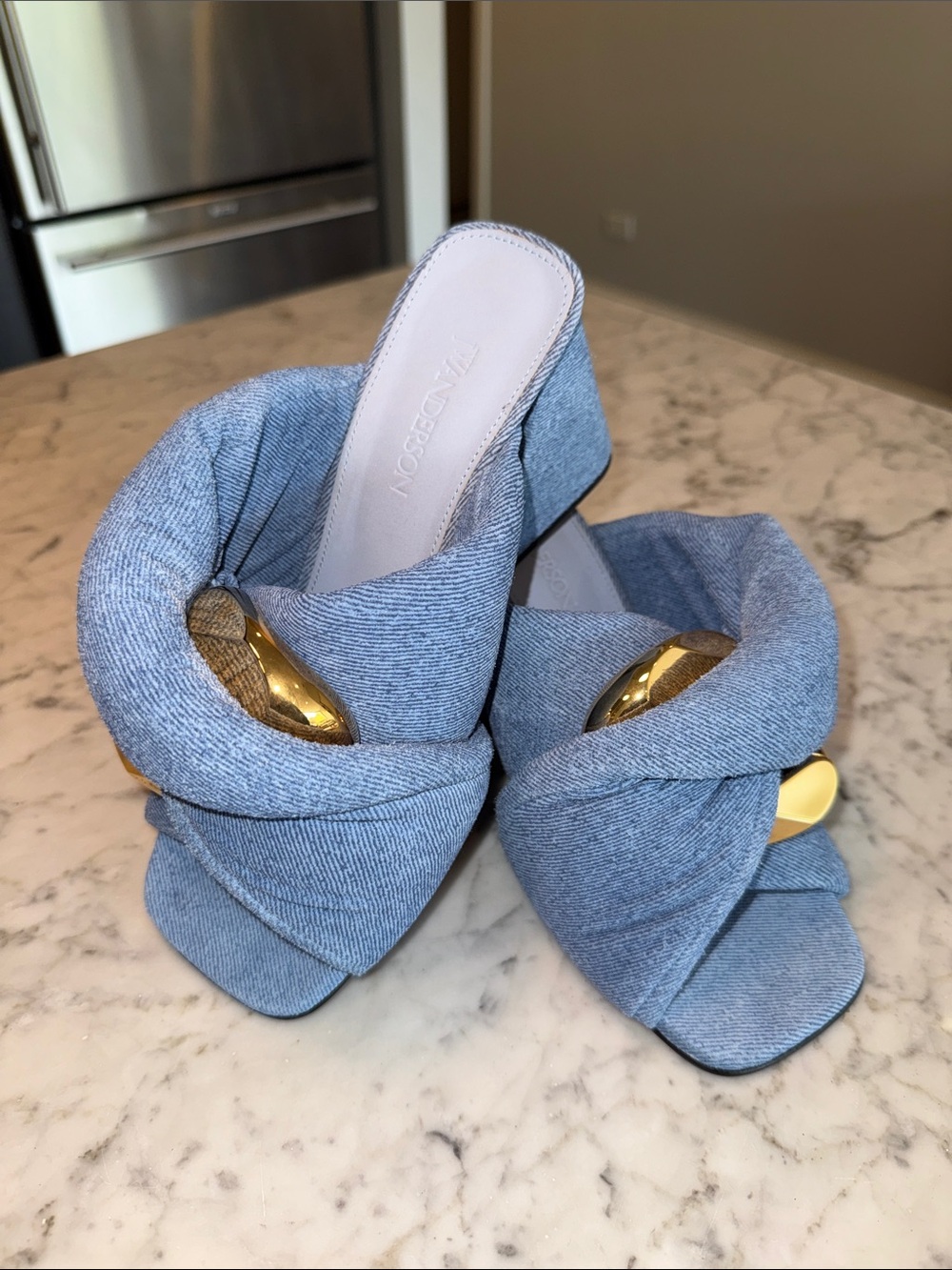 NWT - JW ANDERSON Light Blue Denim Knot Mules with Gold Accent